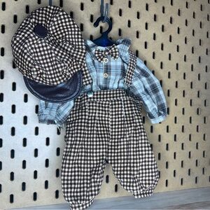 18 inch doll Outfit - Brown Plaid overall outfit with Cap - Brown and cream